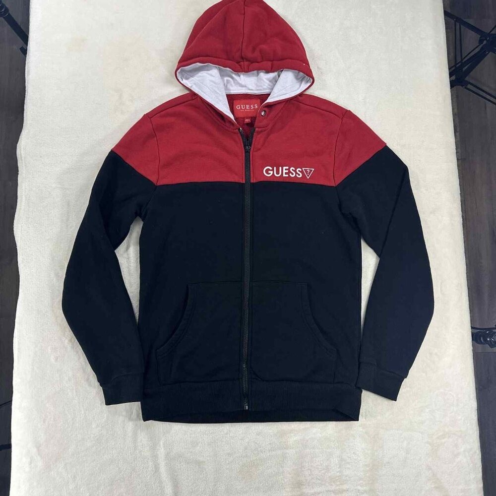 GUESS Colorblock Logo Zip Hoodie Red Black Streetwear Mens Size S